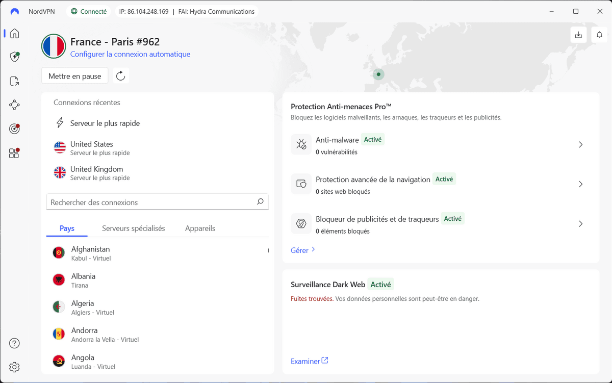 NordVPN – Interface d’accueil (image 1)
