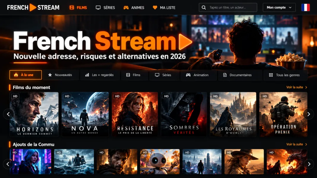 Interface illustrée de French Stream avec des affiches de films et séries, présentant les adresses, risques et alternatives en 2026.