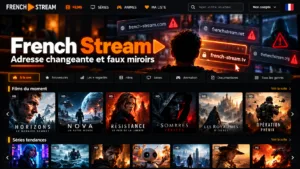 Illustration de French Stream montrant plusieurs adresses web et des alertes signalant les risques liés aux faux sites miroirs.