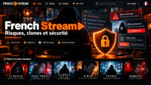 Interface French Stream avec alertes de sécurité, faux lecteurs vidéo et risques de phishing et de logiciels malveillants.